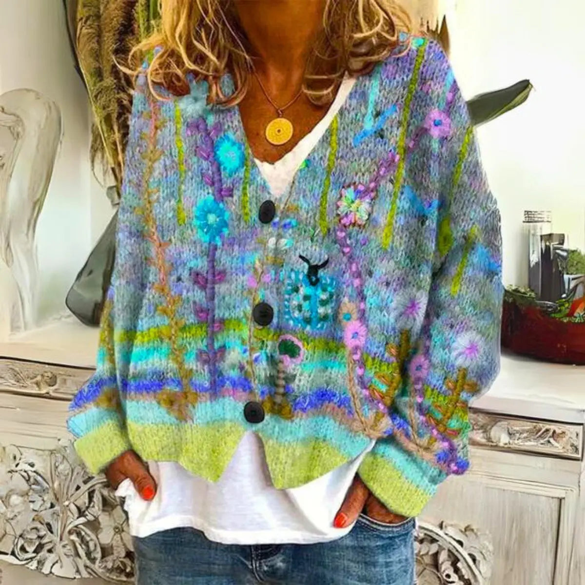 Women's Multicolour Floral Embroidered Button-Up Knit Sweater Cardigan