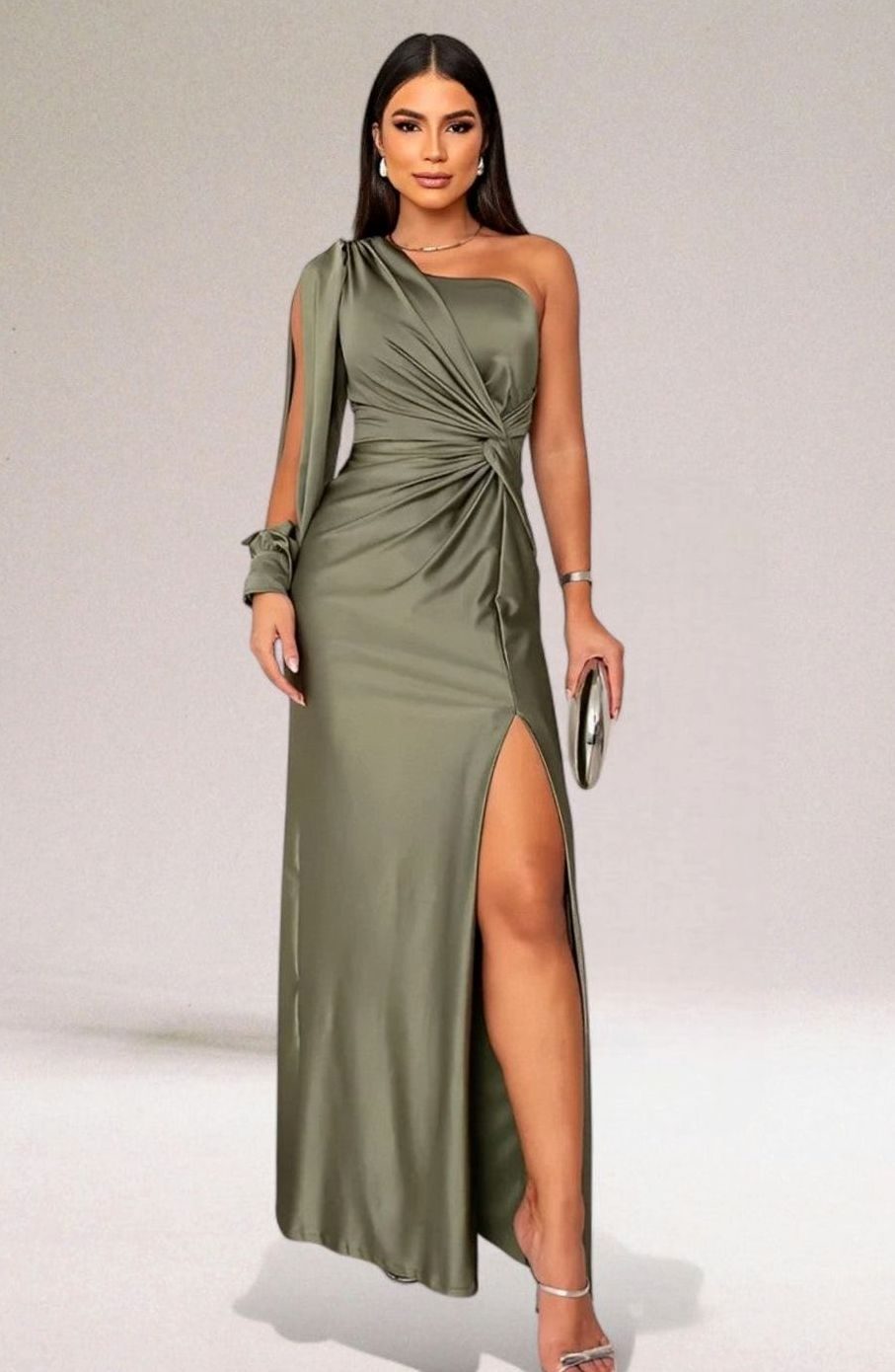 Women's One-Shoulder Satin Twist-Knot Formal Evening Gown