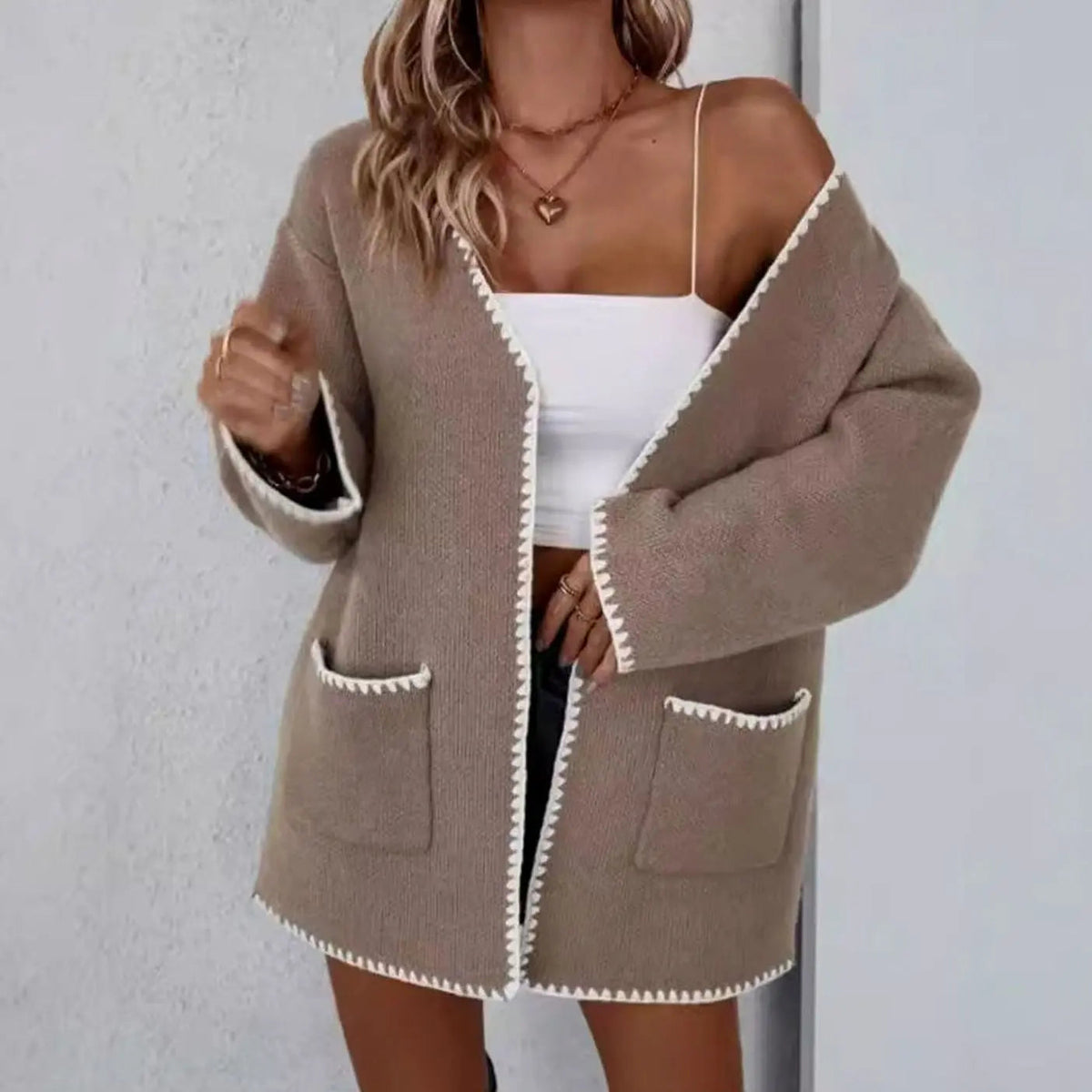 Women's Open Front Long Sleeve Knit Cardigan Contrast Trim Pockets