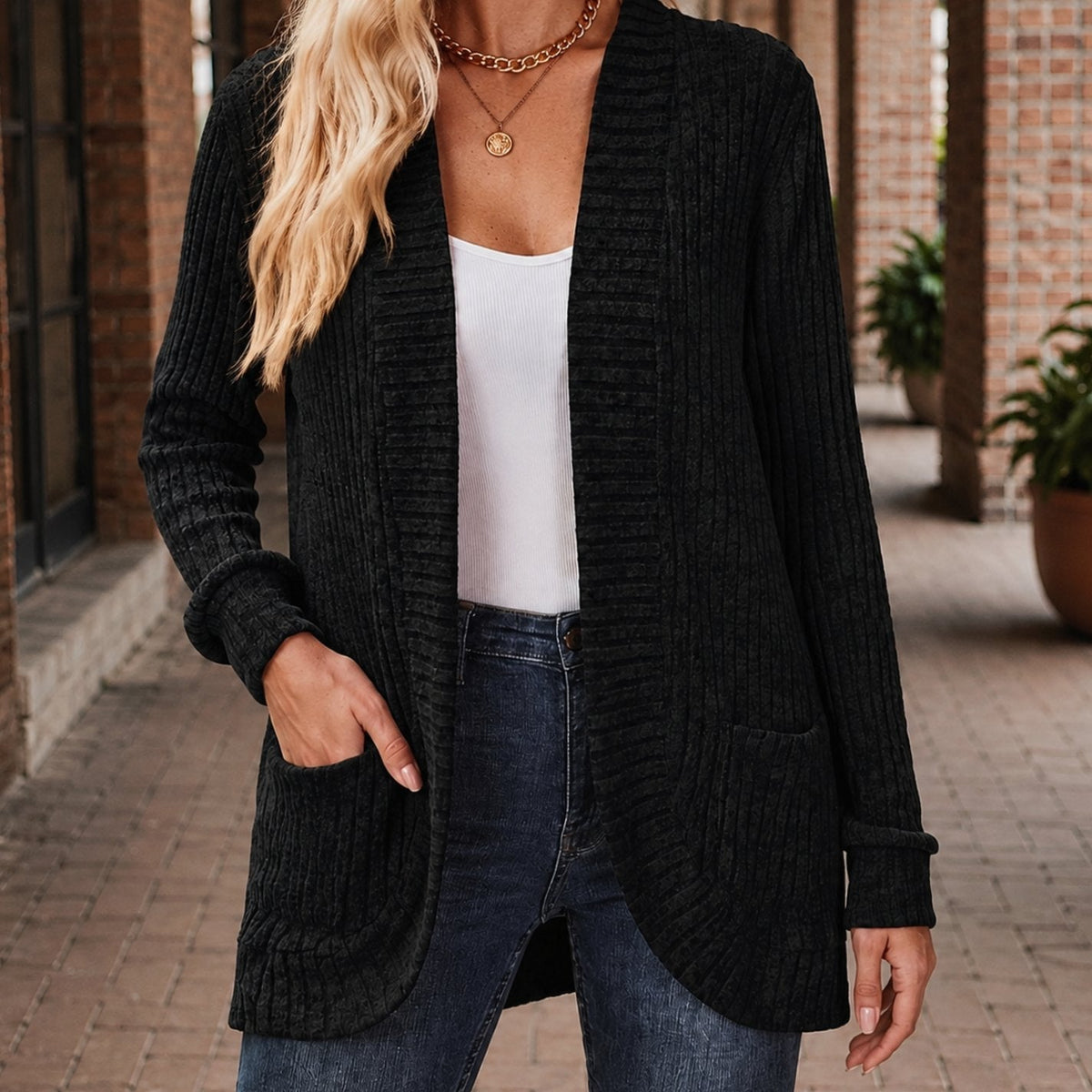 Women's Open-Front Ribbed Knit Cardigan with Patch Pockets