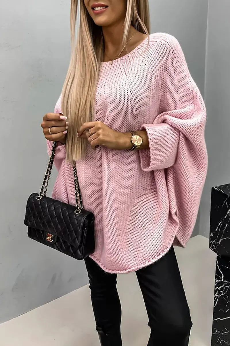 Women's Oversized Batwing Sleeve Round Neck Knit Sweater
