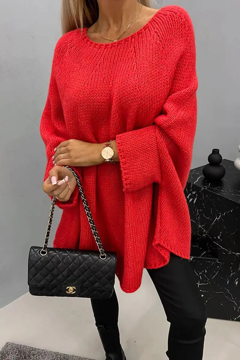 Women's Oversized Batwing Sleeve Round Neck Knit Sweater