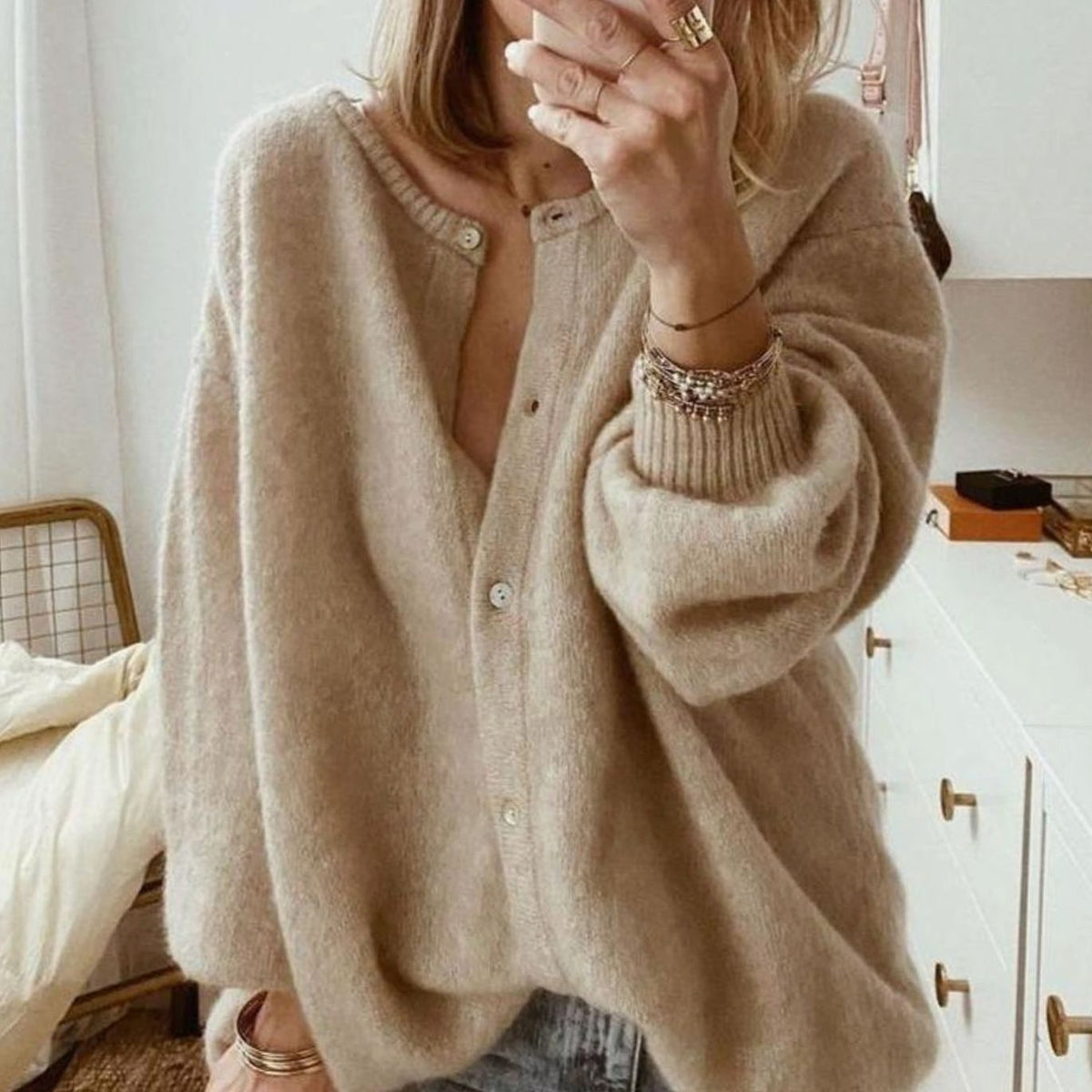Women's Oversized Button-Up Knit Cardigan Ribbed Cuffs