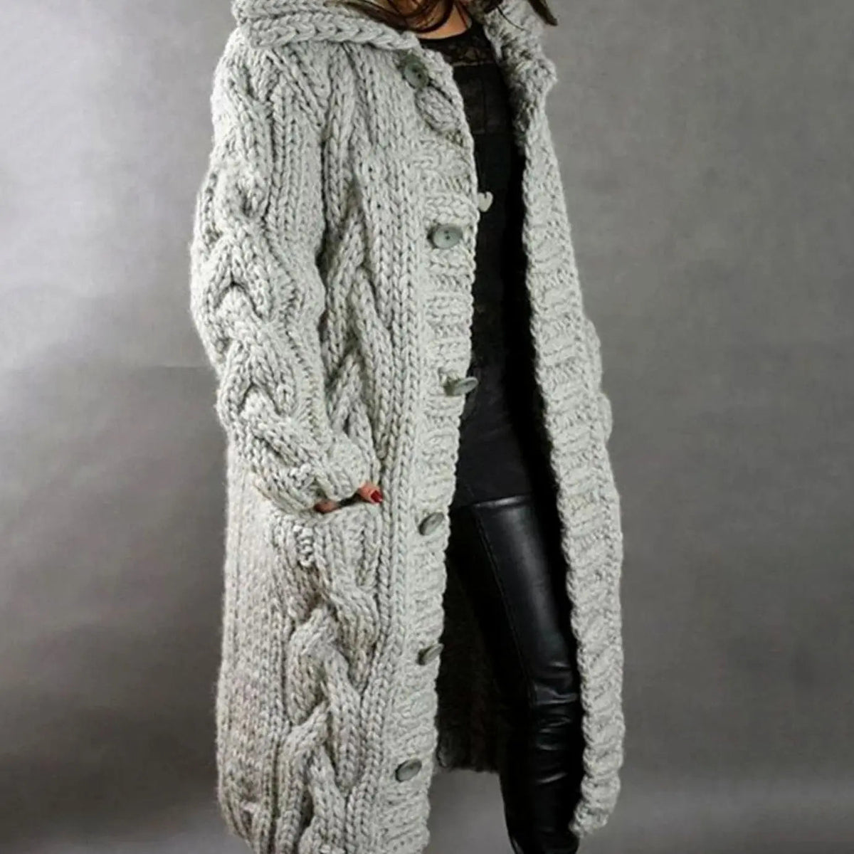 Women's Oversized Cable Knit Hooded Button Cardigan