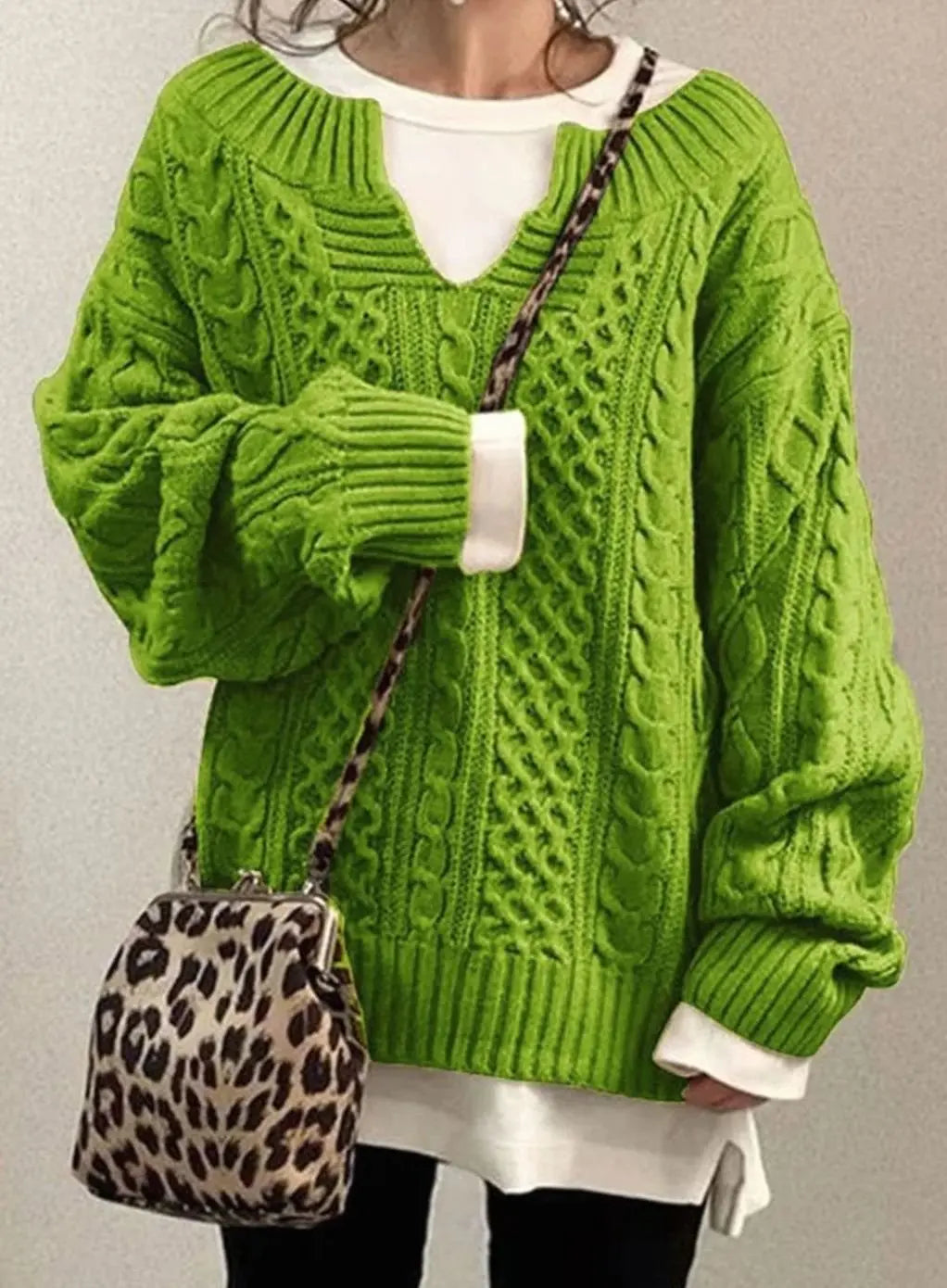 Women's Oversized Cable Knit Sweater V-Neck Layered Jumper