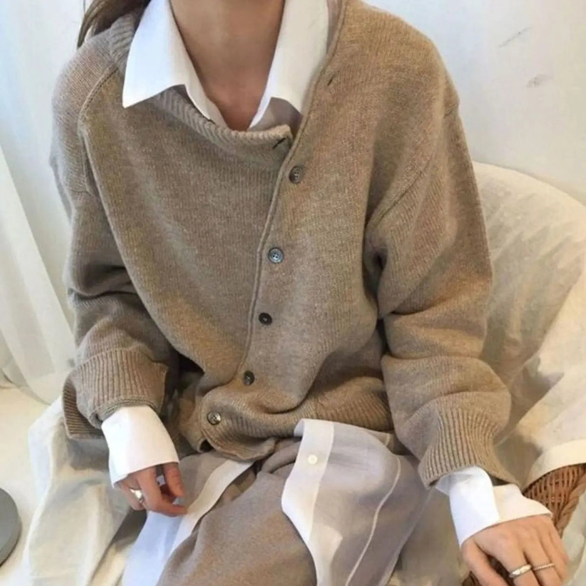 Women's Oversized Chunky Knit Cardigan Button-Front Ribbed Jumper