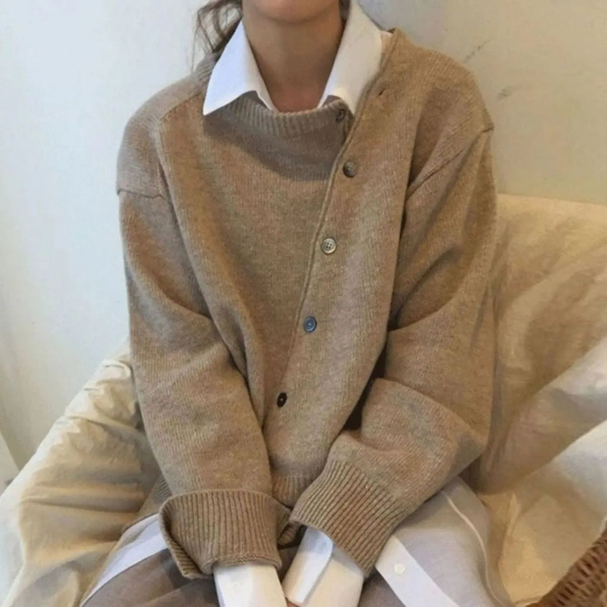 Women's Oversized Chunky Knit Cardigan Button-Front Ribbed Jumper