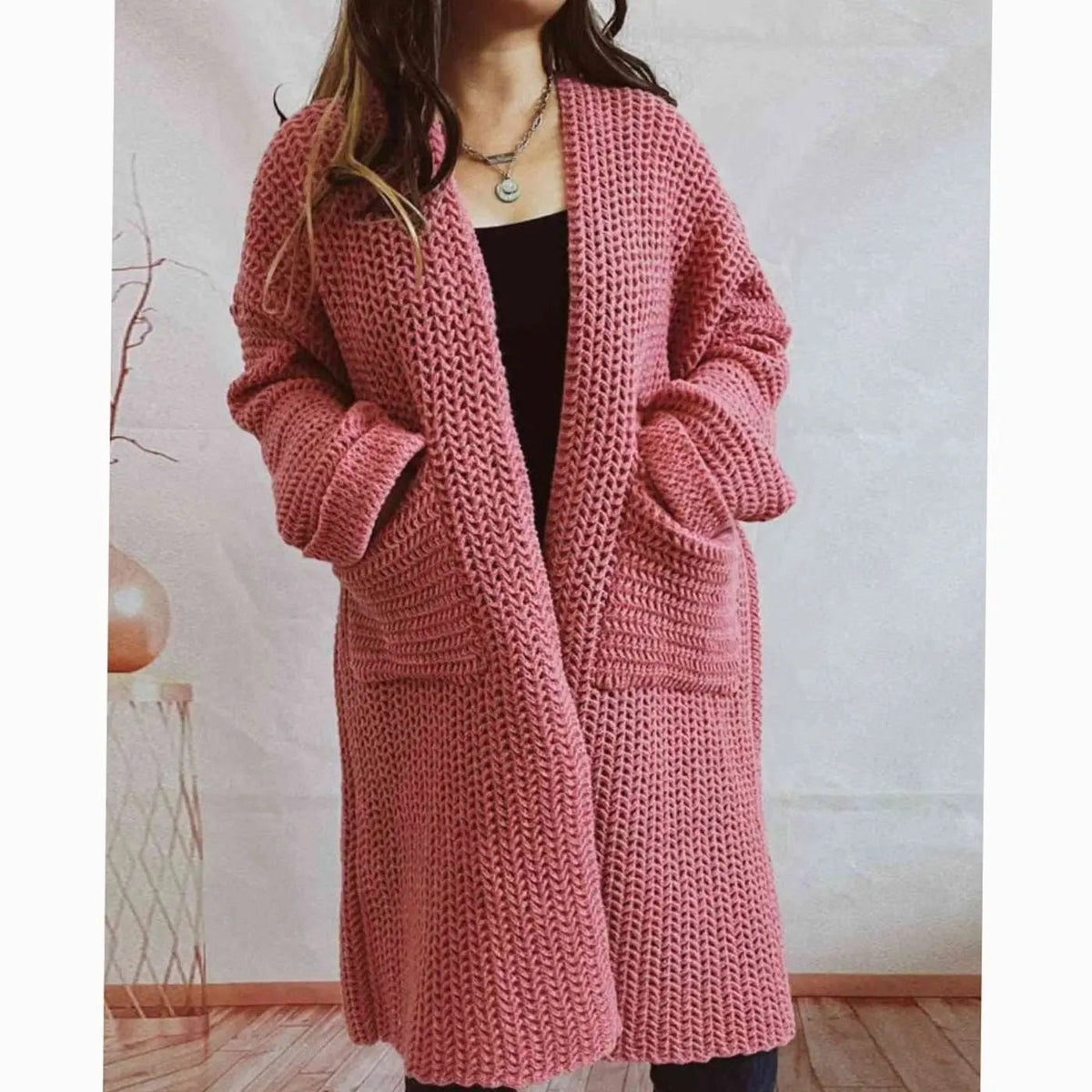Women's Oversized Chunky Knit Cardigan Open Front Long Pockets