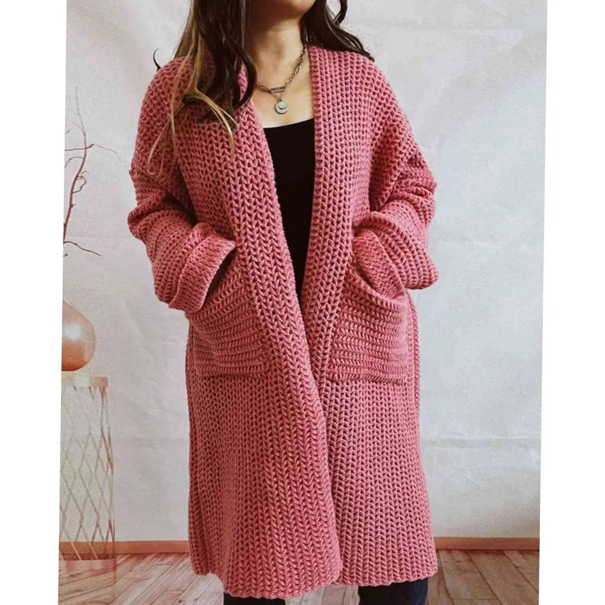 Women's Oversized Chunky Knit Cardigan Open Front Long Pockets