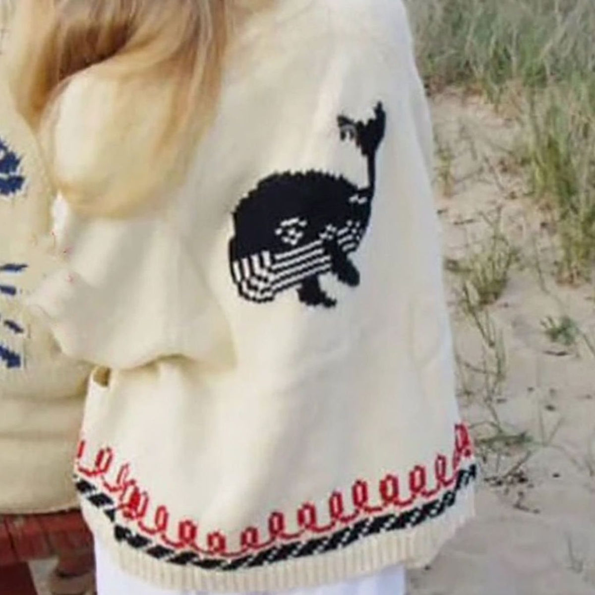 Women's Oversized Chunky Knit Nautical Whale Motif Cardigan