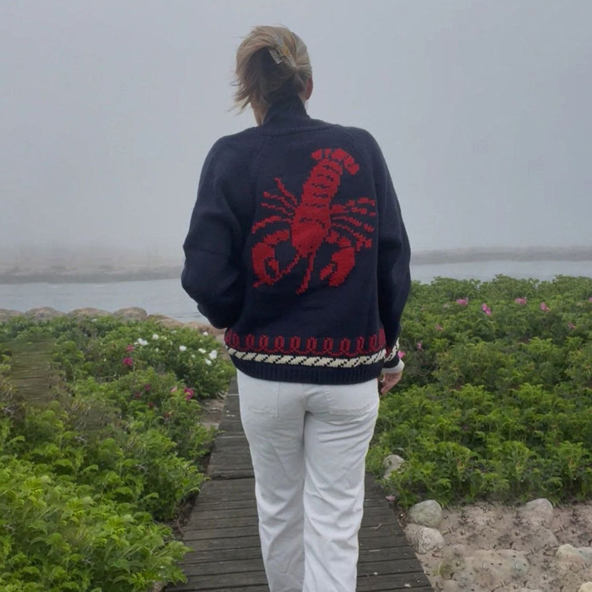 Women's Oversized Chunky Knit Nautical Whale Motif Cardigan