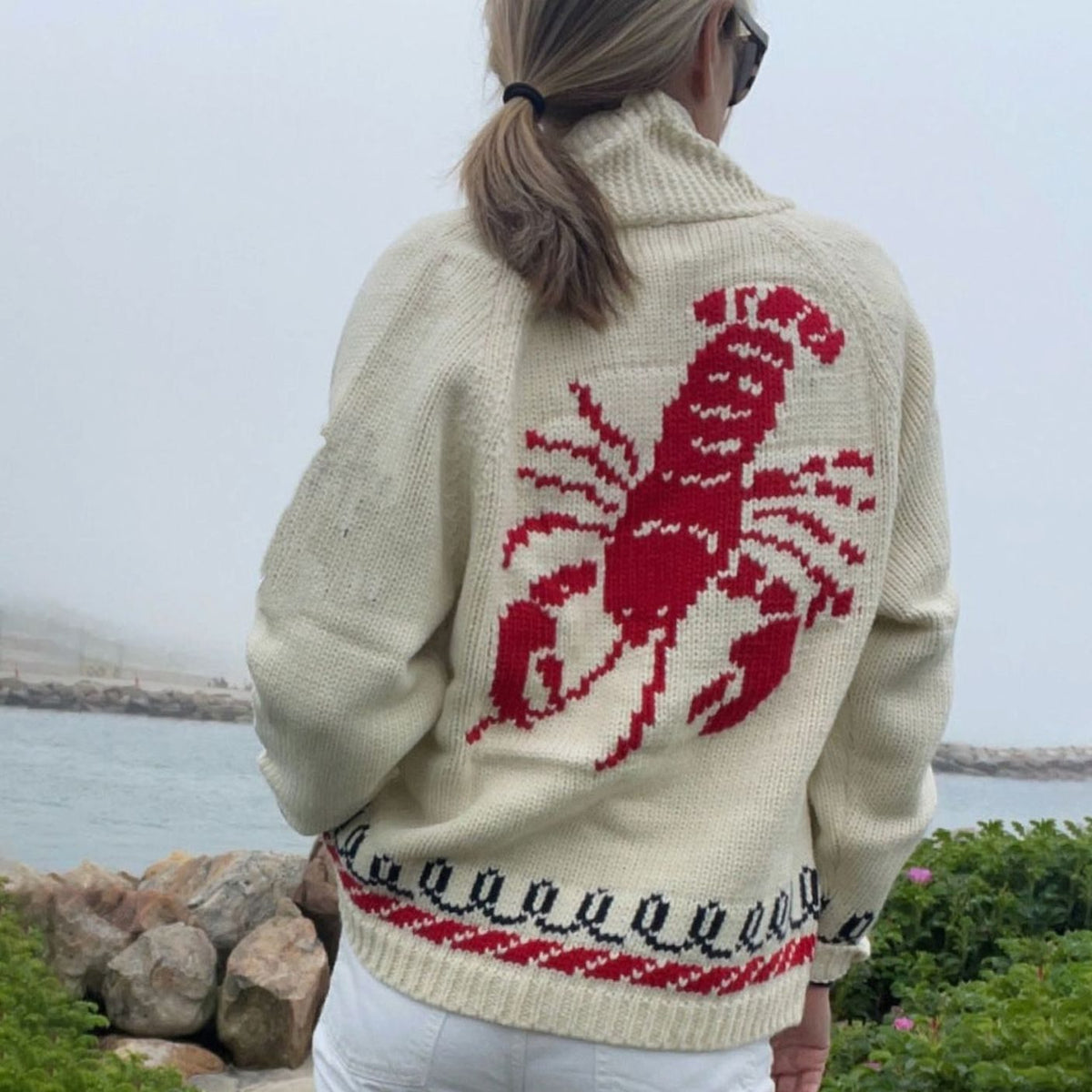 Women's Oversized Chunky Knit Nautical Whale Motif Cardigan