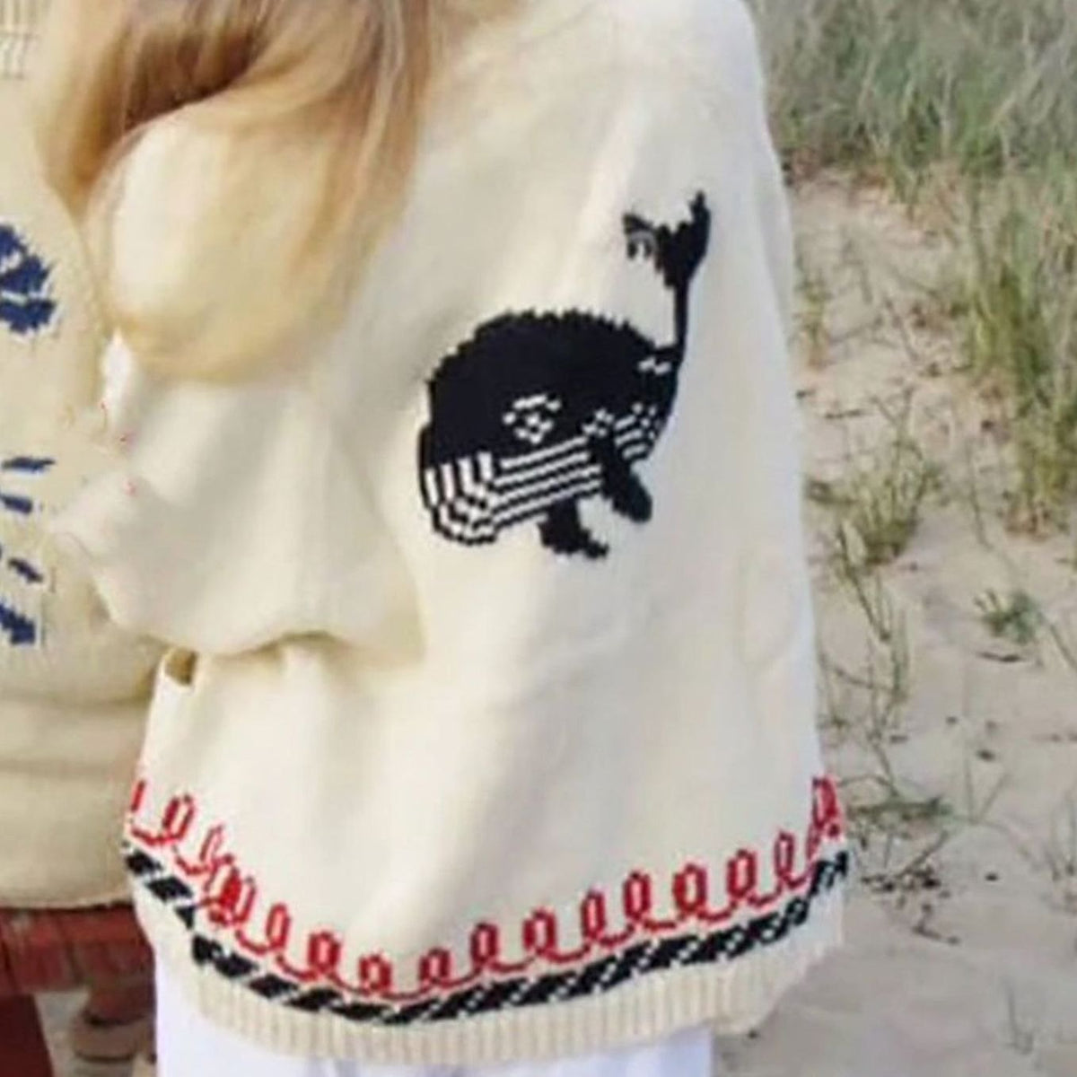 Women's Oversized Chunky Knit Nautical Whale Motif Cardigan