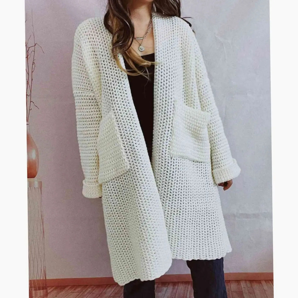 Women's Oversized Chunky Knit Open-Front Cardigan with Pockets