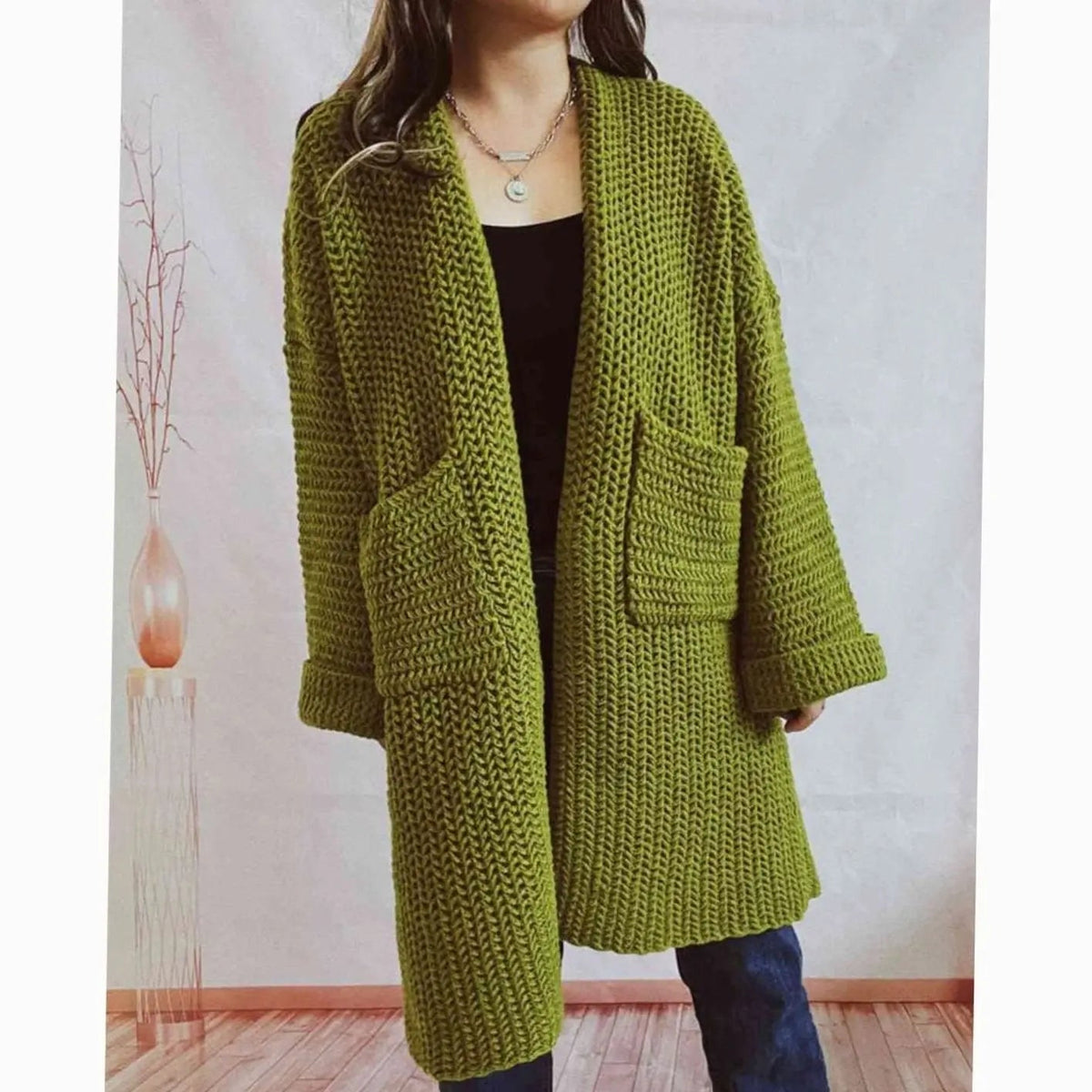 Women's Oversized Chunky Knit Open-Front Cardigan with Pockets