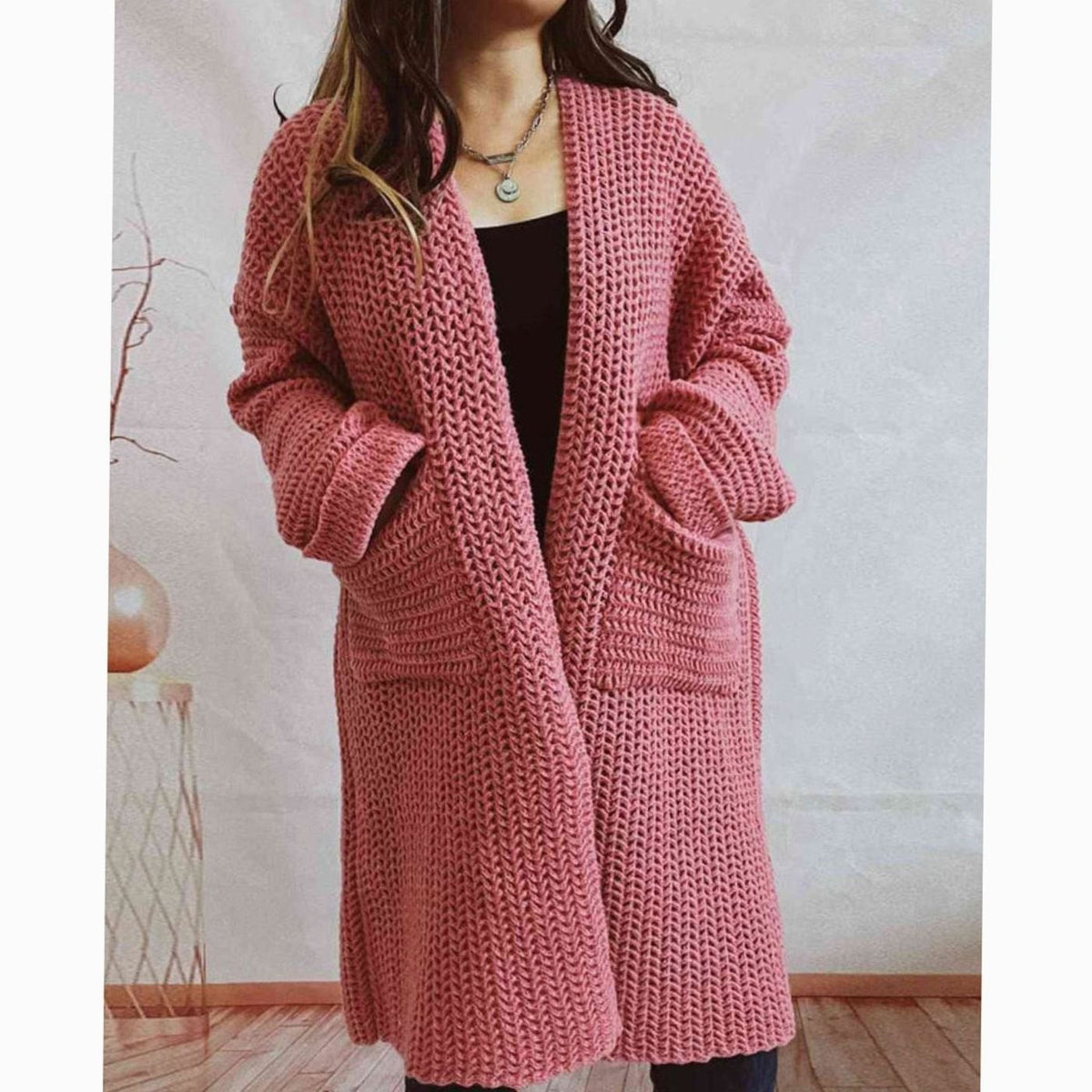 Women's Oversized Chunky Knit Open-Front Long Cardigan with Pockets