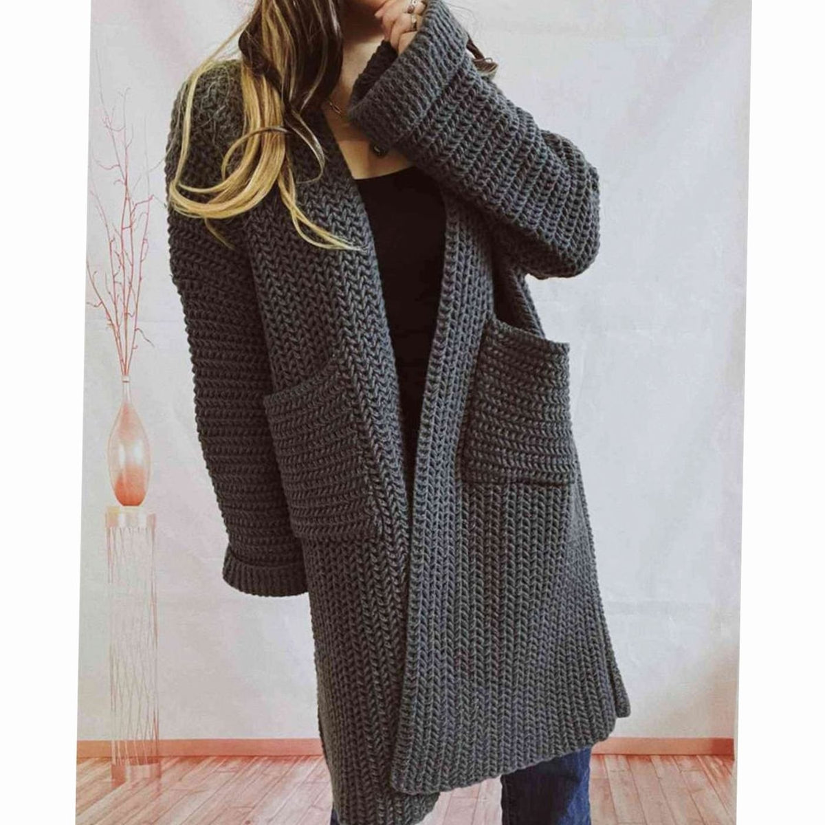 Women's Oversized Chunky Knit Open-Front Long Cardigan with Pockets