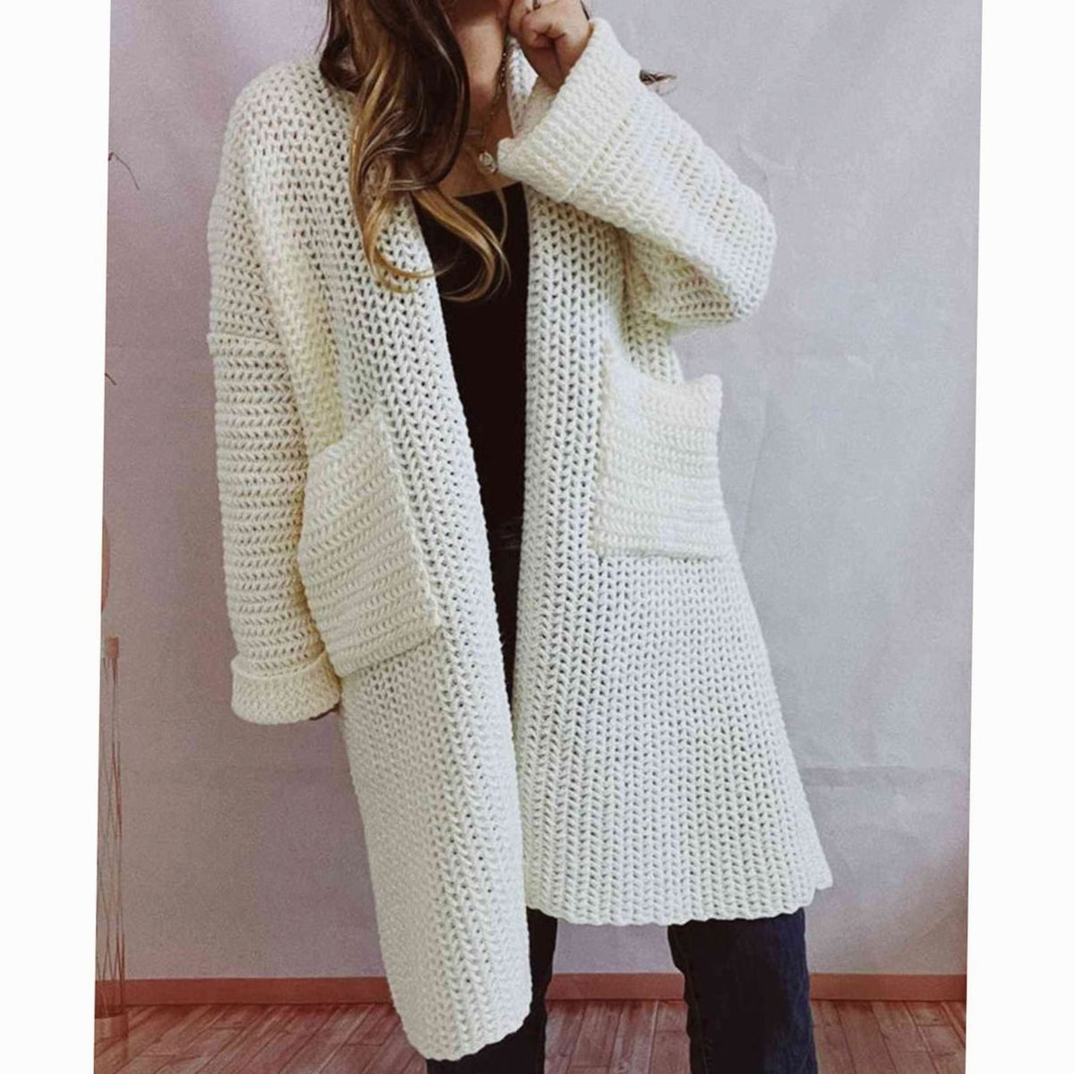 Women's Oversized Chunky Knit Open-Front Long Cardigan with Pockets