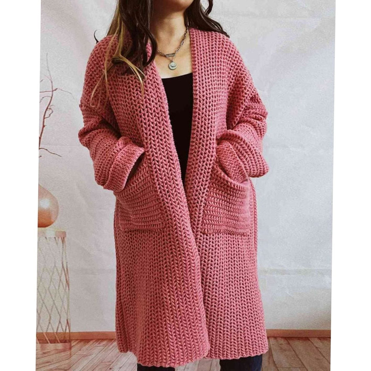 Women's Oversized Chunky Knit Open-Front Long Cardigan with Pockets