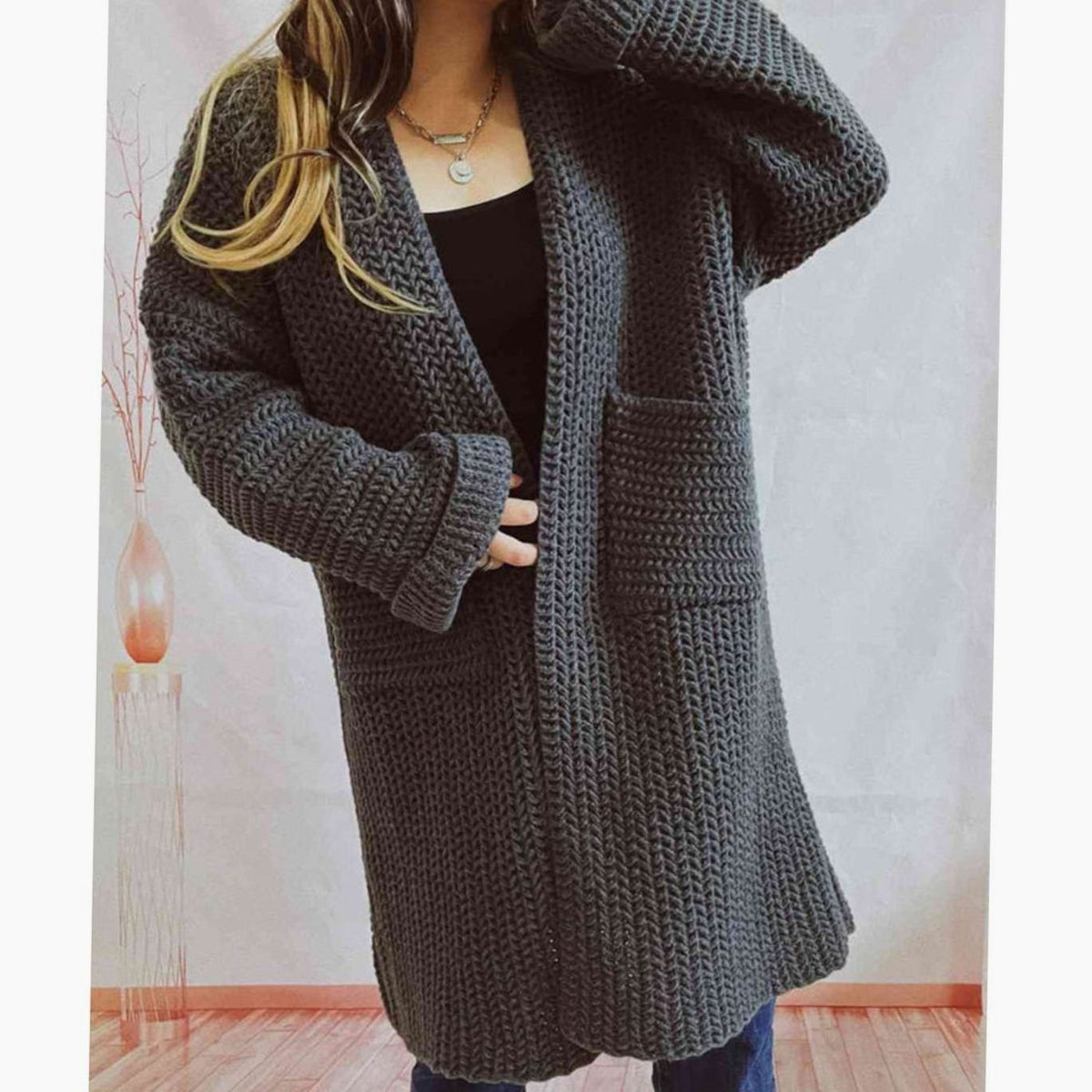 Women's Oversized Chunky Knit Open-Front Long Cardigan with Pockets