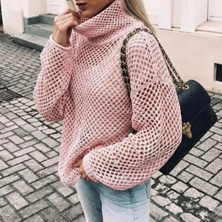Women's Oversized Chunky Knit Turtleneck Jumper Balloon Sleeve