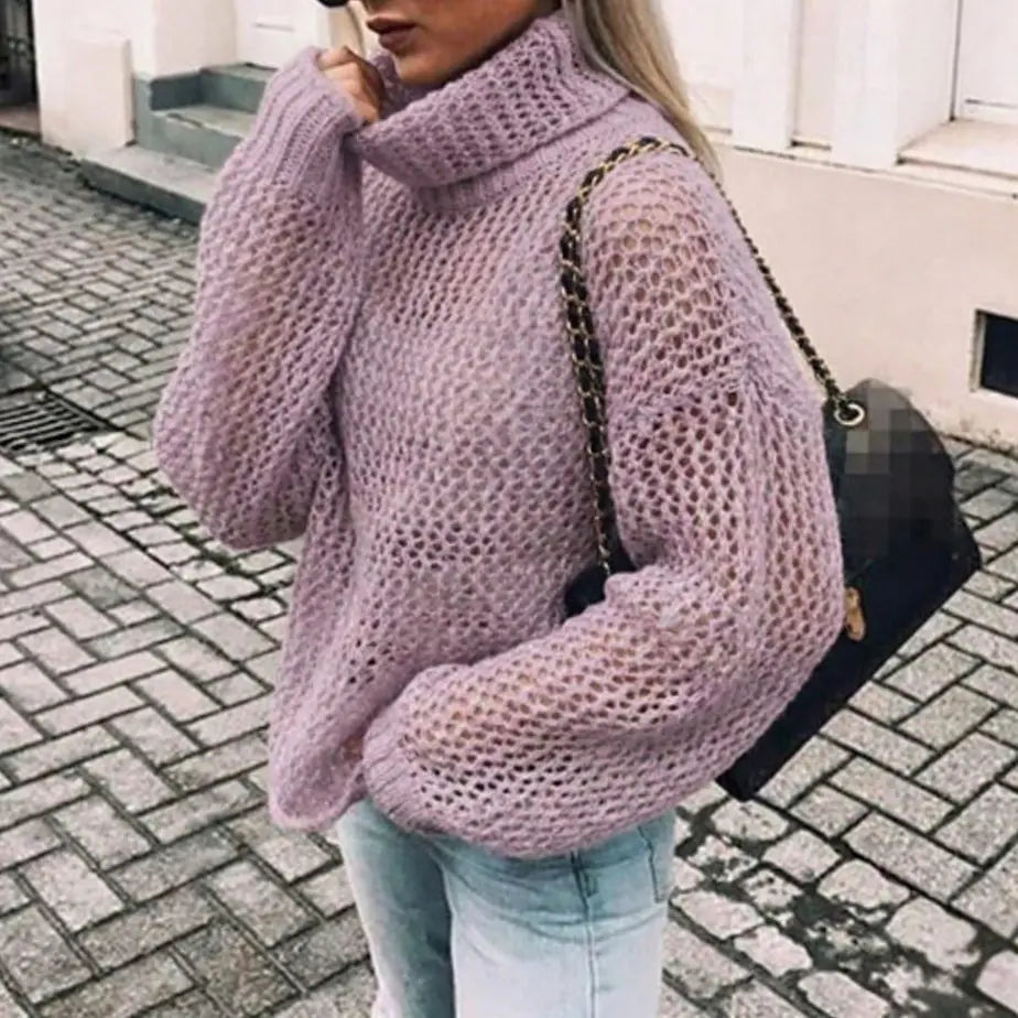 Women's Oversized Chunky Knit Turtleneck Jumper Balloon Sleeve