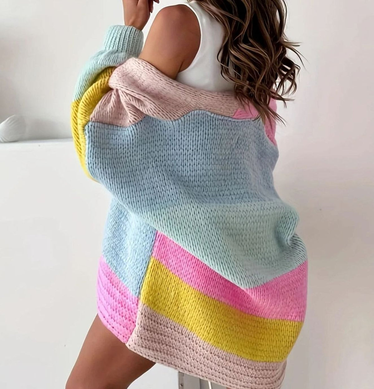 Women's Oversized Colour Block Knit Button-Front Cardigan, Pink
