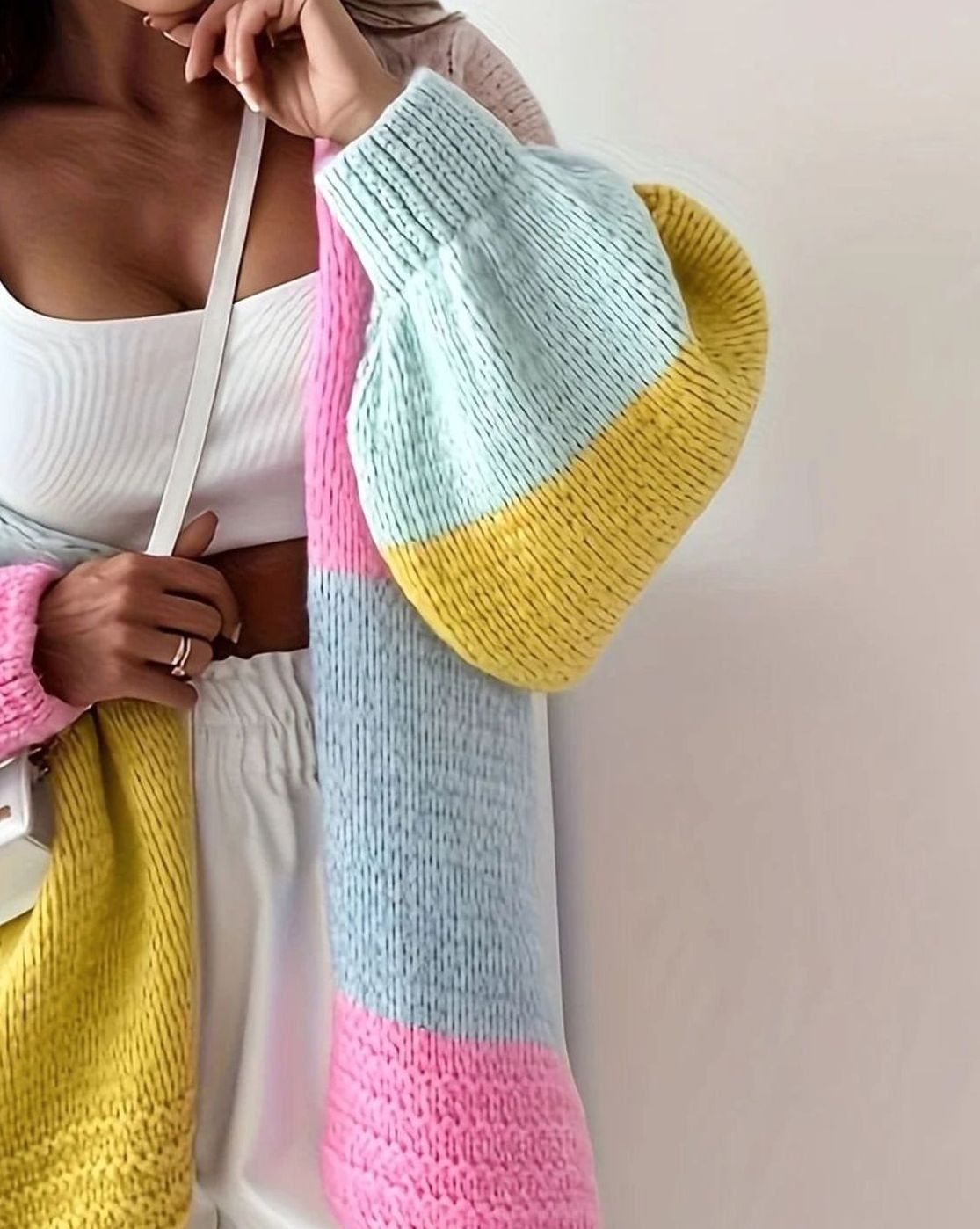 Women's Oversized Colour Block Knit Button-Front Cardigan, Pink