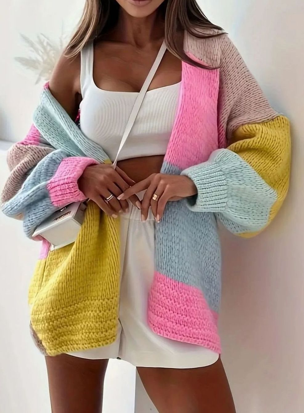 Women's Oversized Colour Block Knit Button-Front Cardigan, Pink