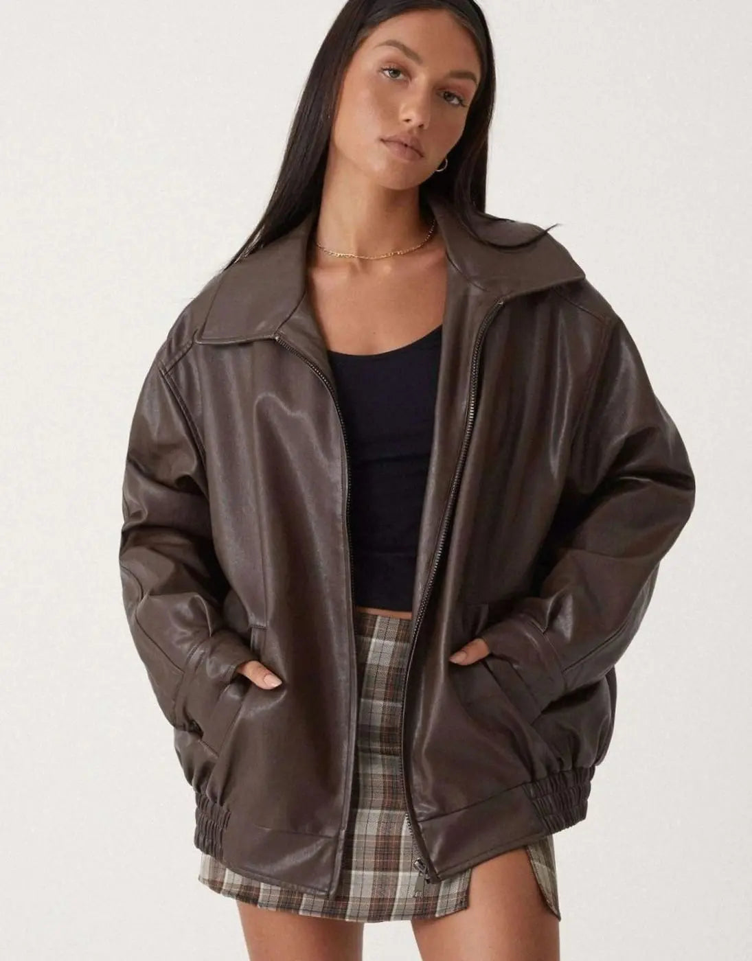 Women's Oversized Faux Leather Zip-Up Bomber Jacket
