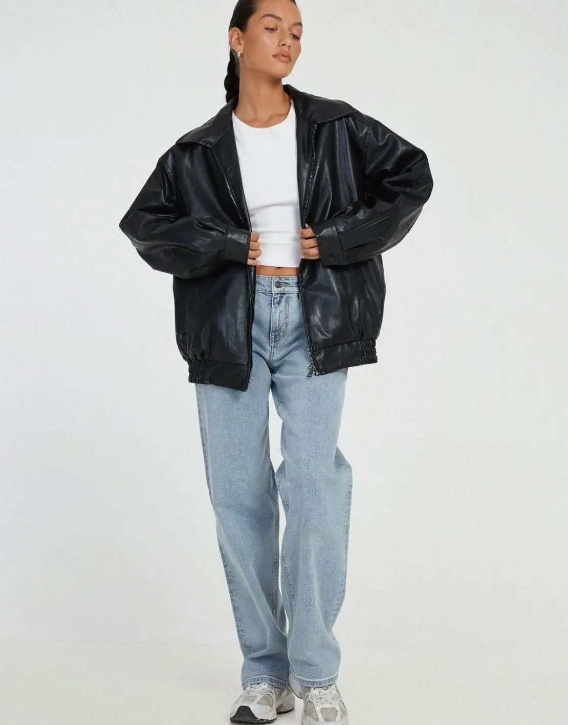 Women's Oversized Faux Leather Zip-Up Bomber Jacket
