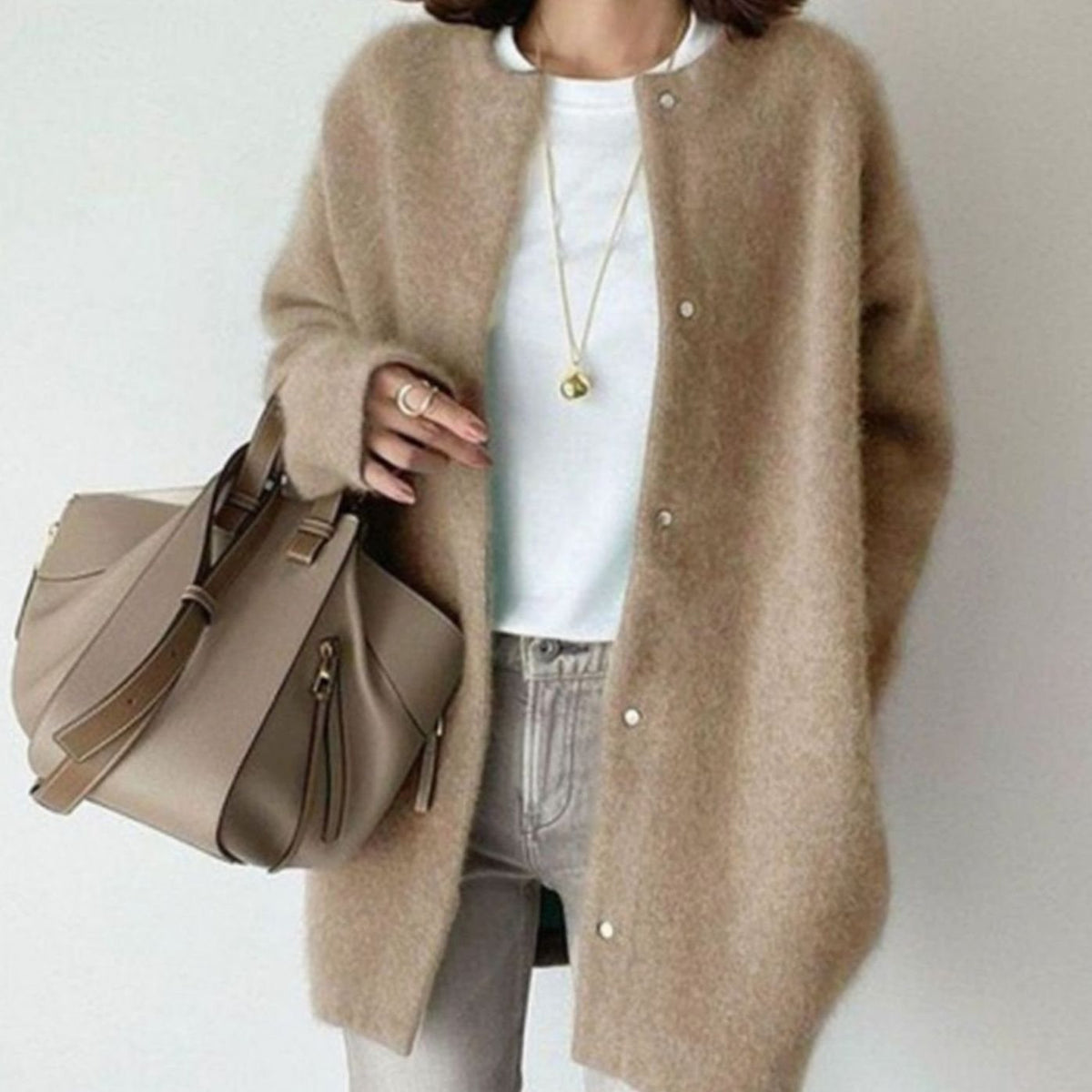 Women's Oversized Fuzzy Knit Snap-Button Longline Cardigan
