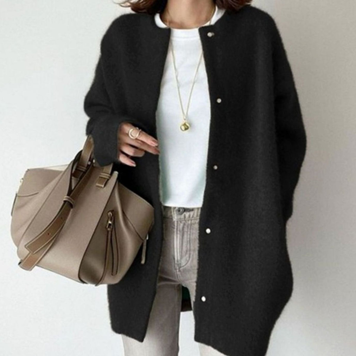 Women's Oversized Fuzzy Knit Snap-Button Longline Cardigan