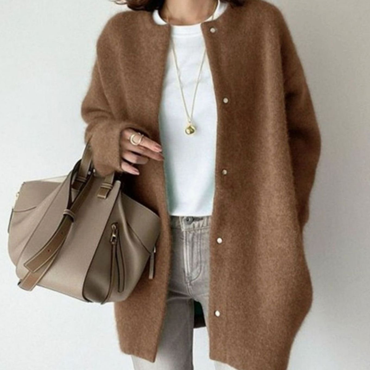 Women's Oversized Fuzzy Knit Snap-Button Longline Cardigan