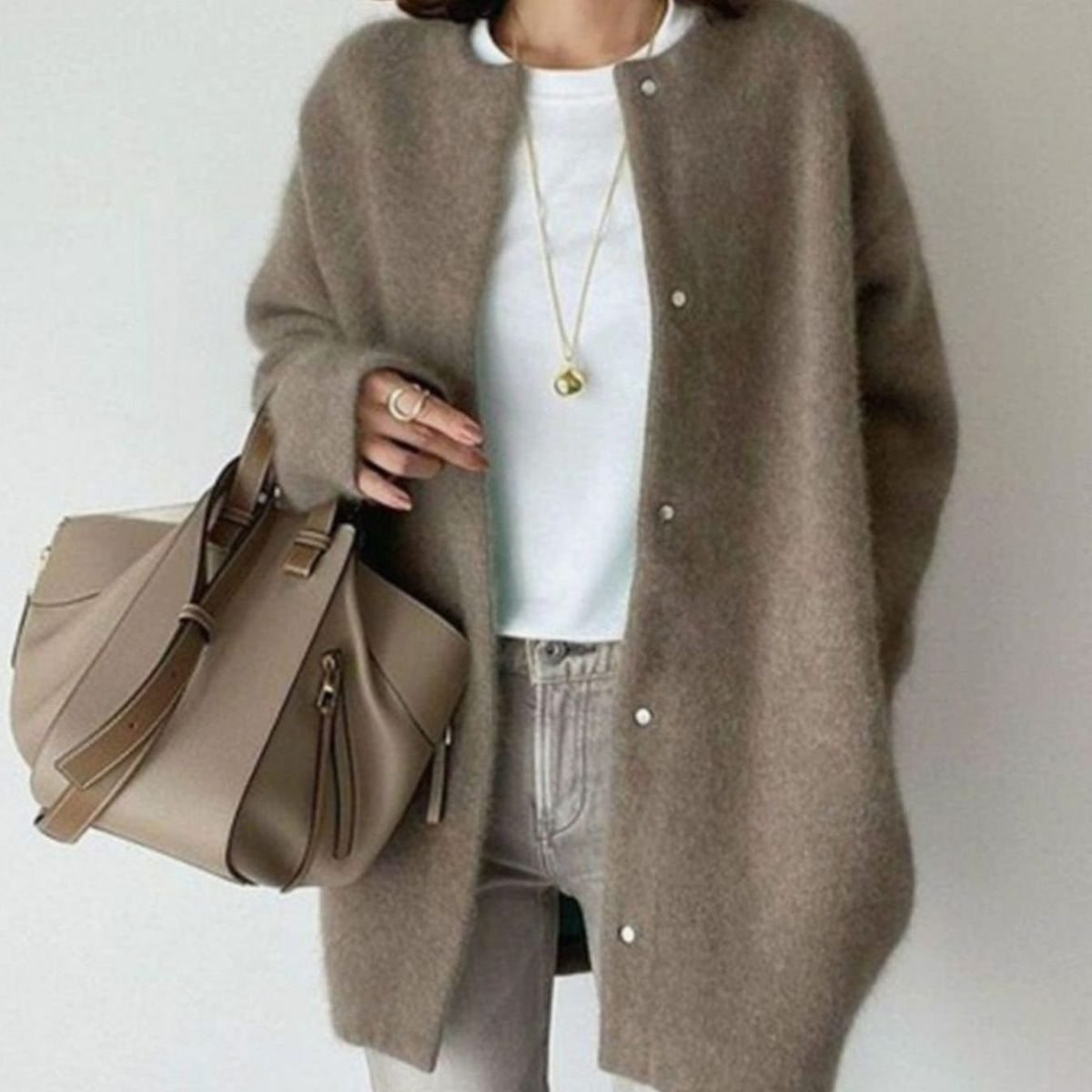 Women's Oversized Fuzzy Knit Snap-Button Longline Cardigan