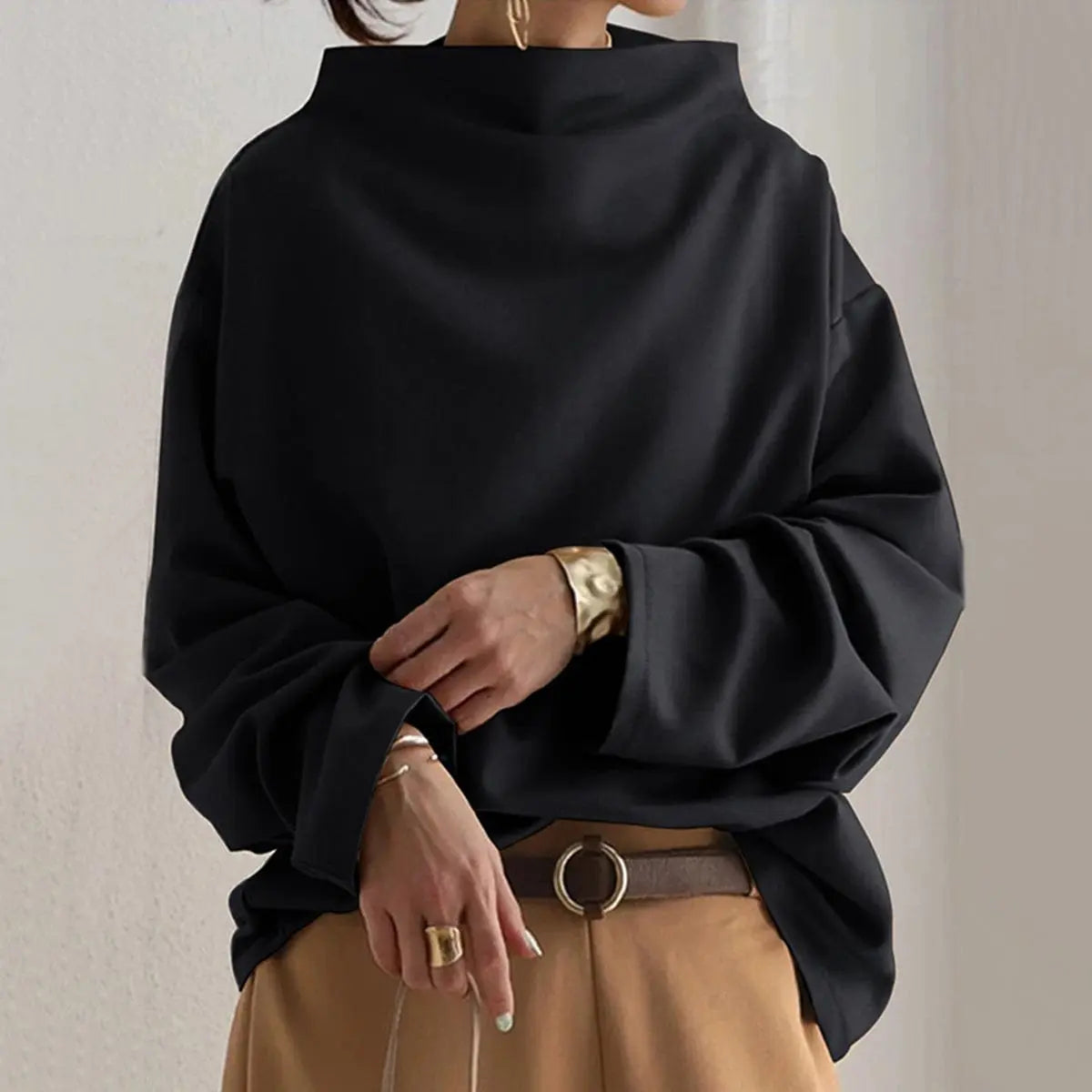 Women's Oversized High-Neck Knit Sweater Relaxed Pullover Top