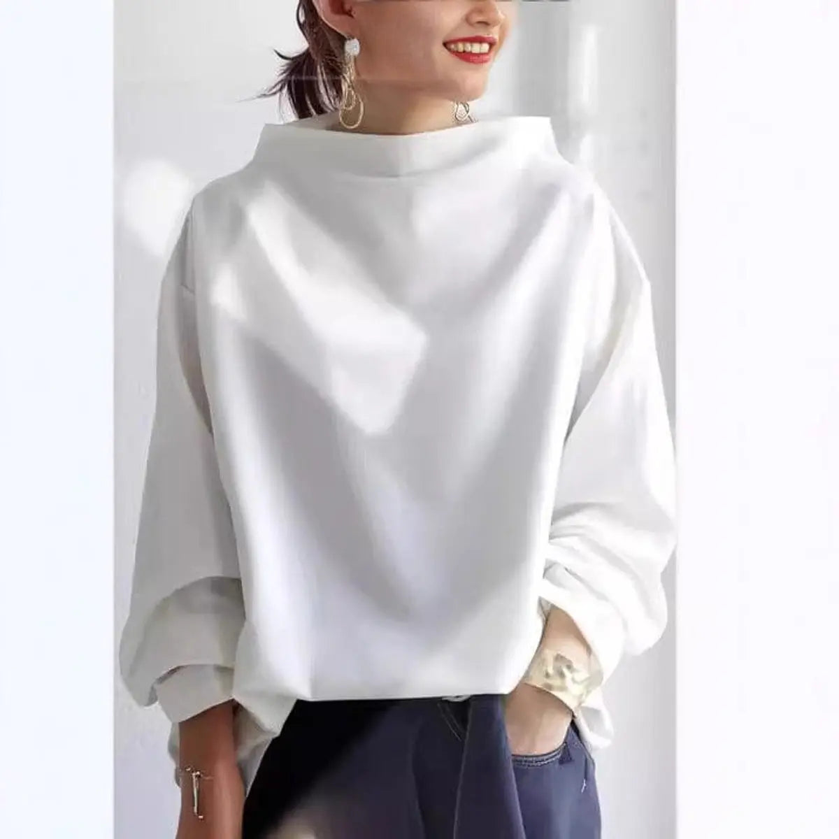 Women's Oversized High-Neck Knit Sweater Relaxed Pullover Top