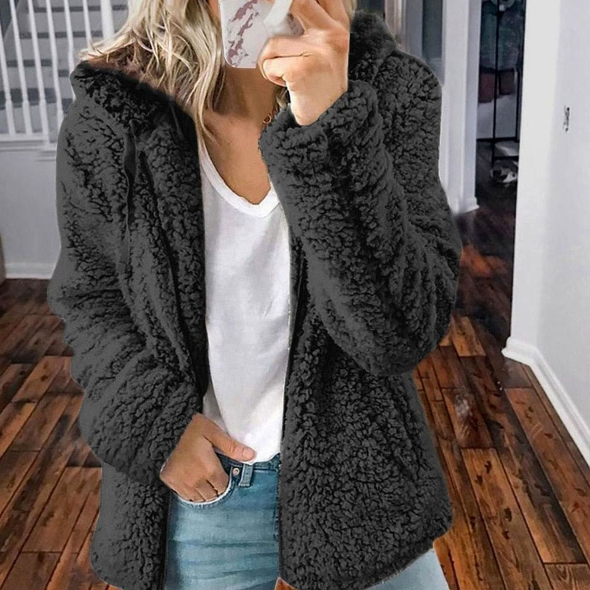Women's Oversized Hooded Teddy Fleece Coat, Beige