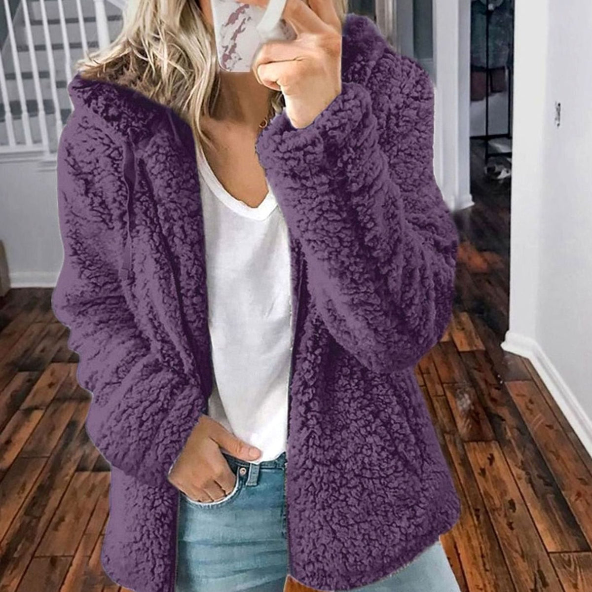 Women's Oversized Hooded Teddy Fleece Coat, Beige