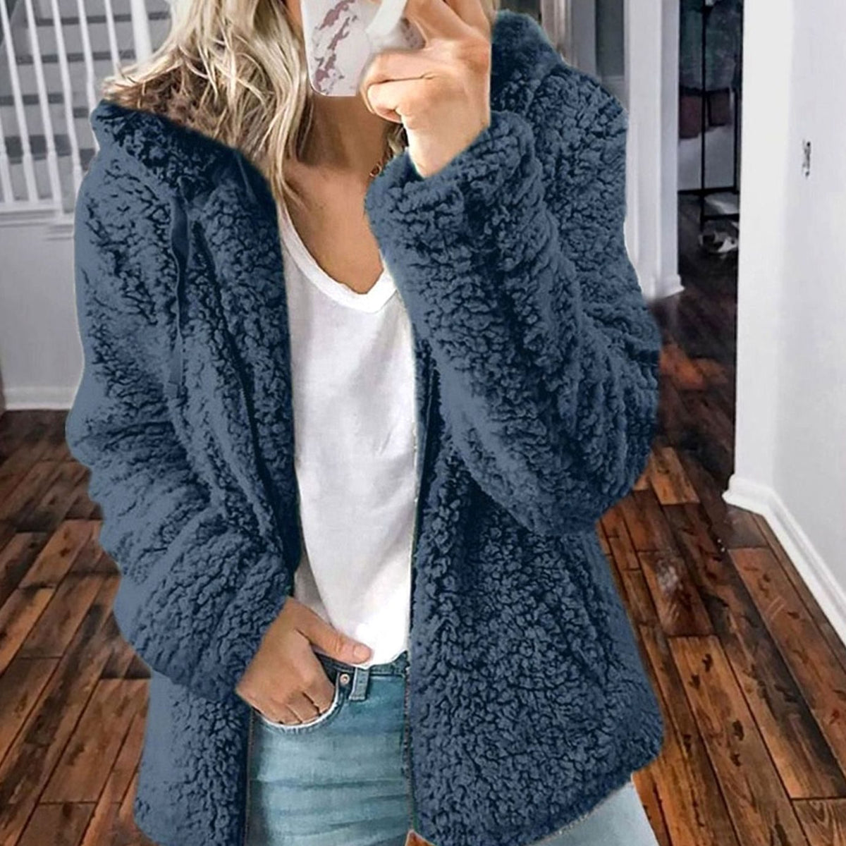 Women's Oversized Hooded Teddy Fleece Coat, Beige
