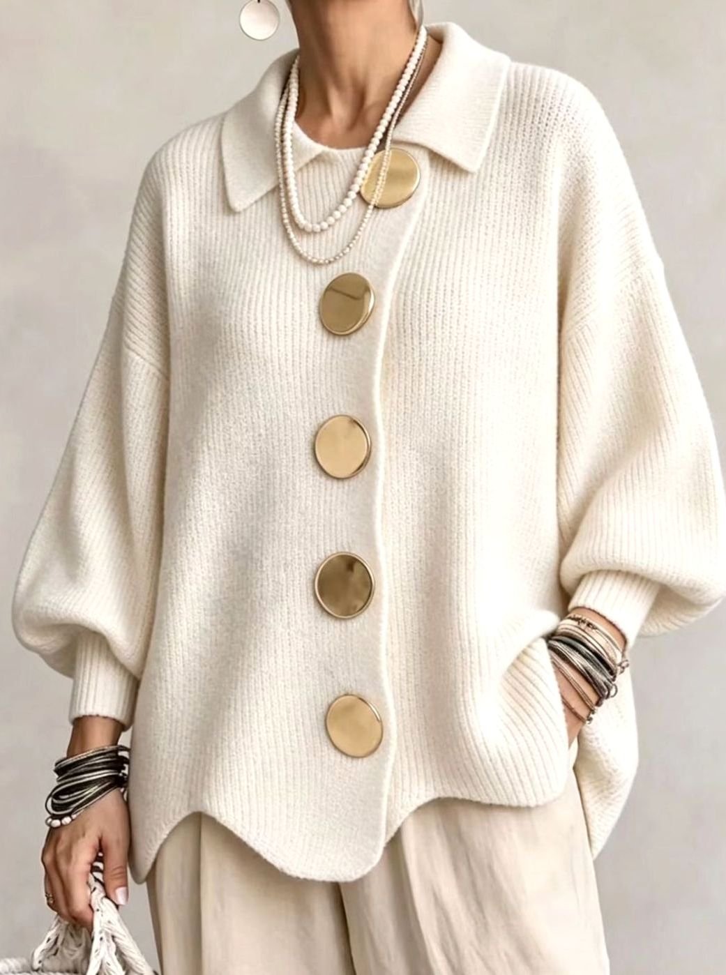 Women's Oversized Knit Cardigan Gold Button Lantern Sleeve Jumper