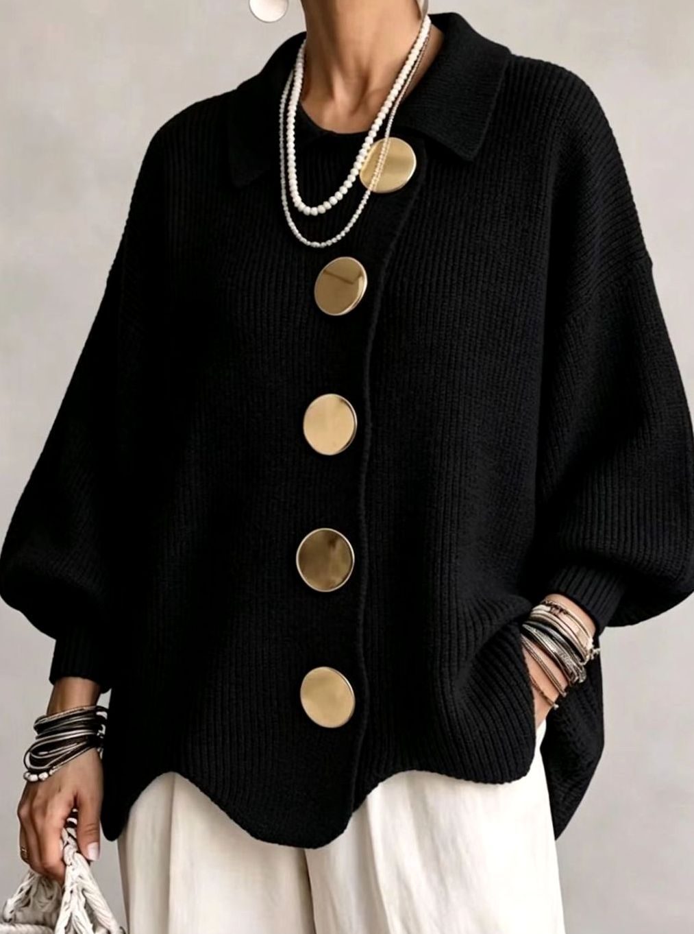 Women's Oversized Knit Cardigan Gold Button Lantern Sleeve Jumper