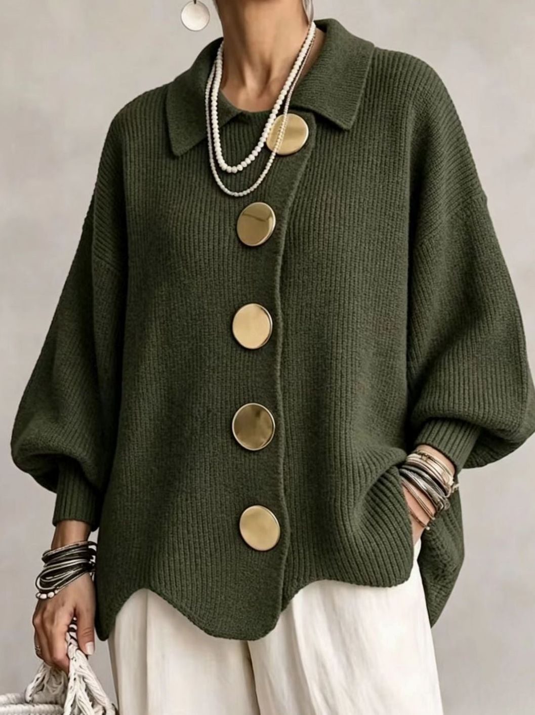 Women's Oversized Knit Cardigan Gold Button Lantern Sleeve Jumper
