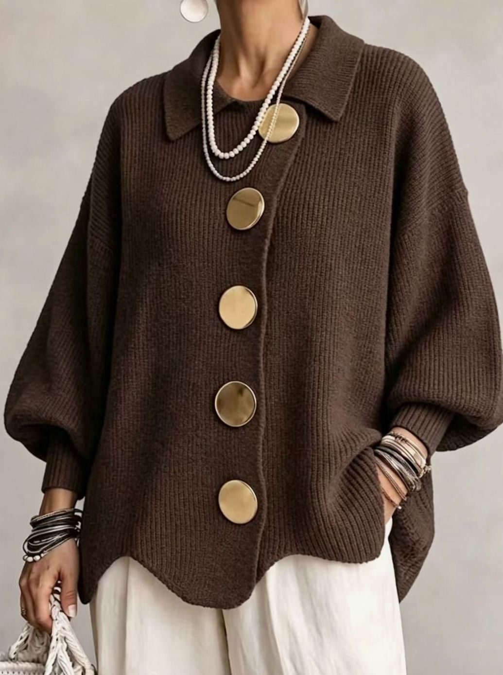 Women's Oversized Knit Cardigan Gold Button Lantern Sleeve Jumper