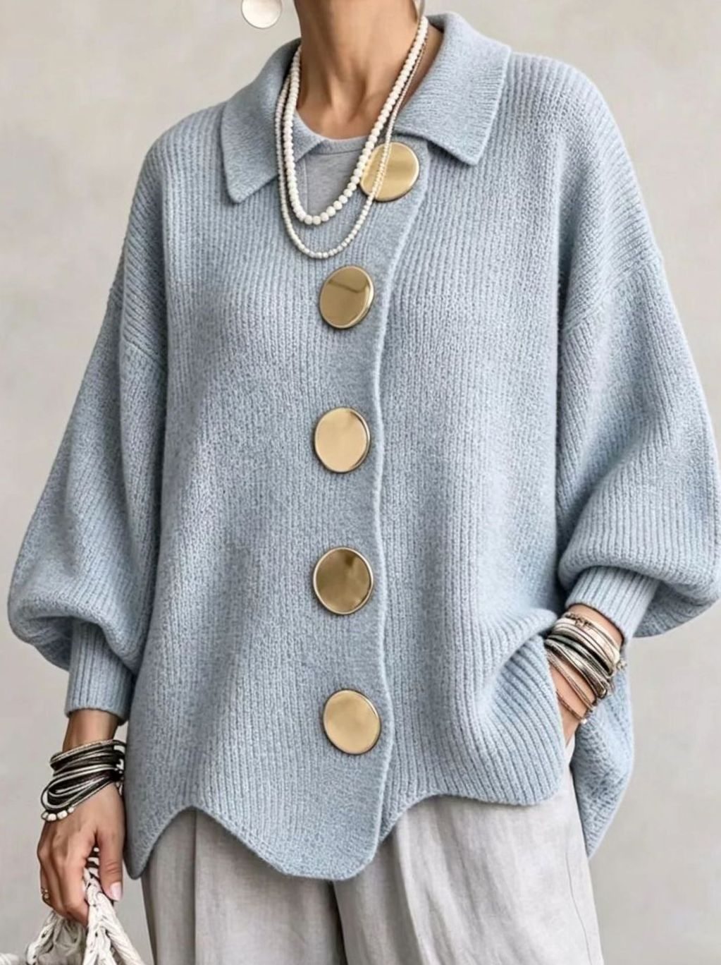 Women's Oversized Knit Cardigan Gold Button Lantern Sleeve Jumper