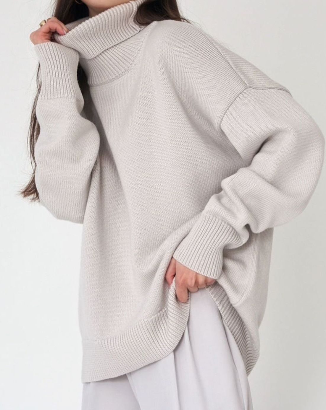 Women's Oversized Roll Neck Jumper Drop Shoulder Knit Pullover