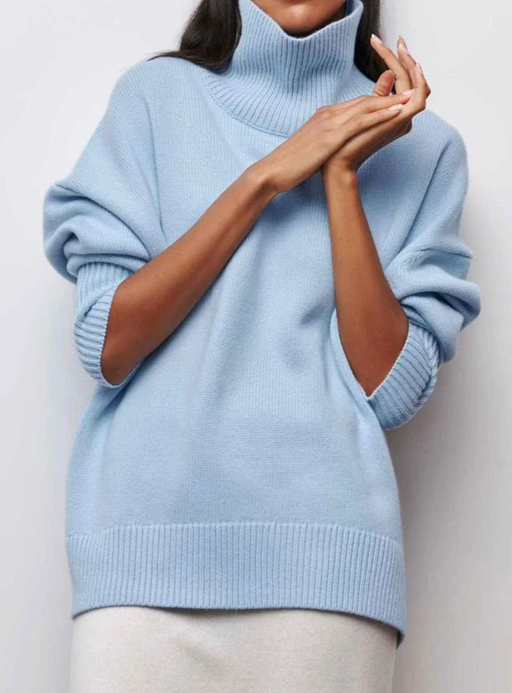 Women's Oversized Roll Neck Ribbed Knit Elbow-Slit Jumper
