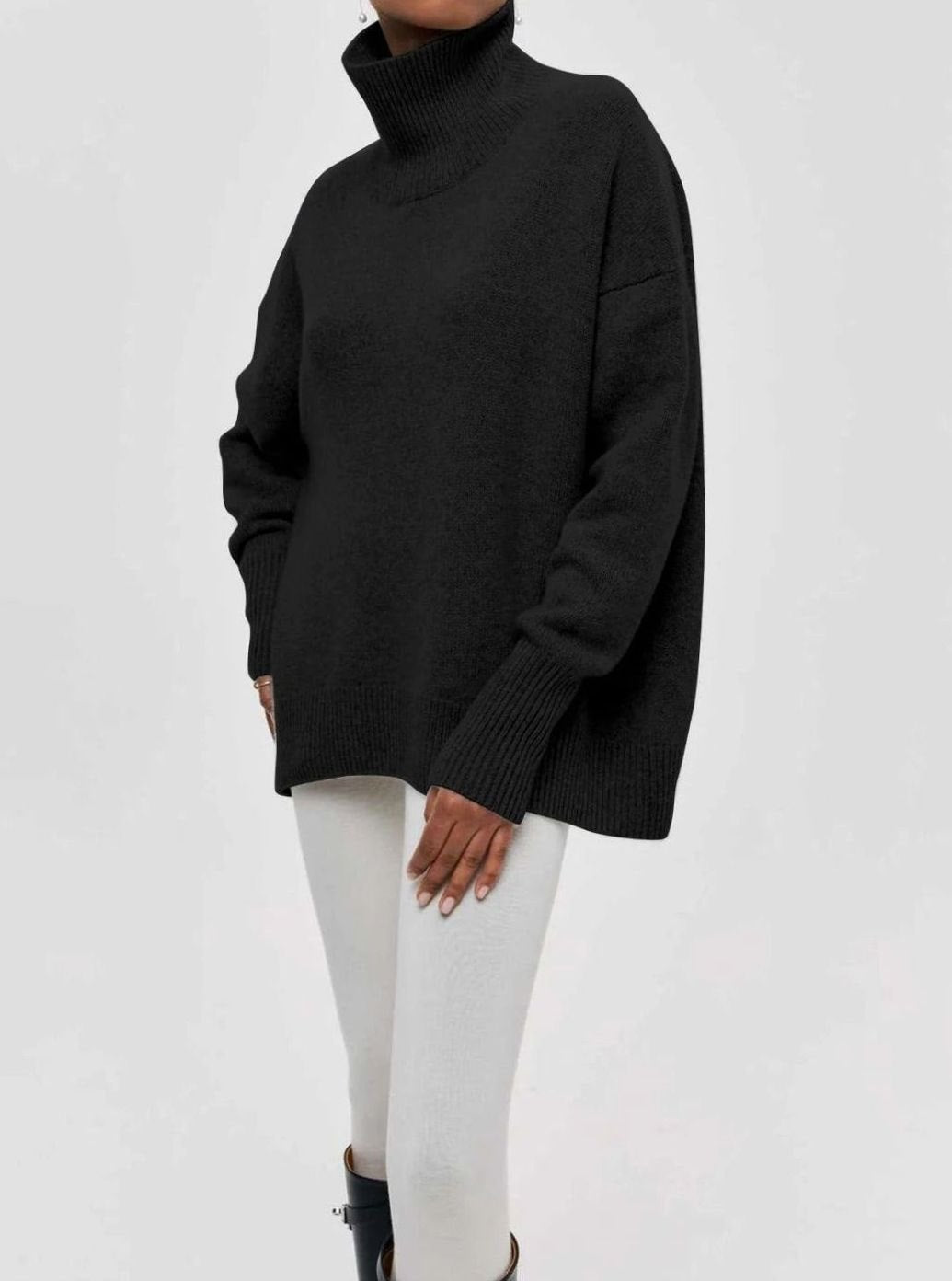 Women's Oversized Roll Neck Ribbed Knit Elbow-Slit Jumper