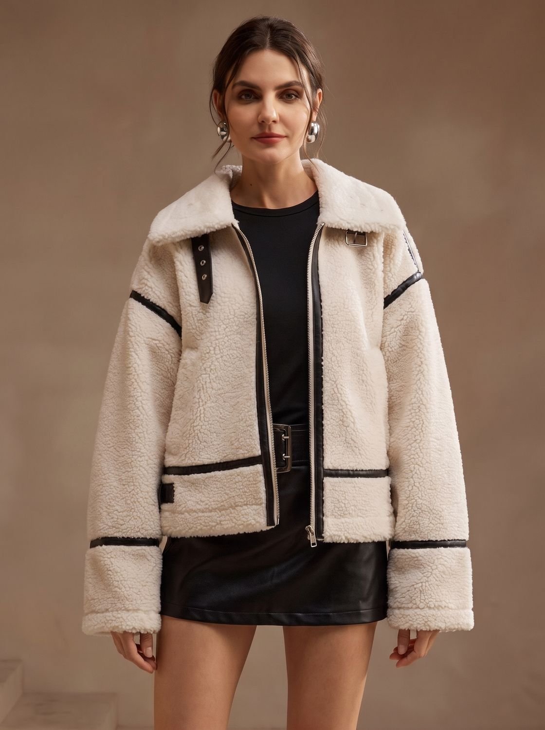 Florence | Women's Oversized Sherpa Teddy Jacket Contrast Trim Zip-Up