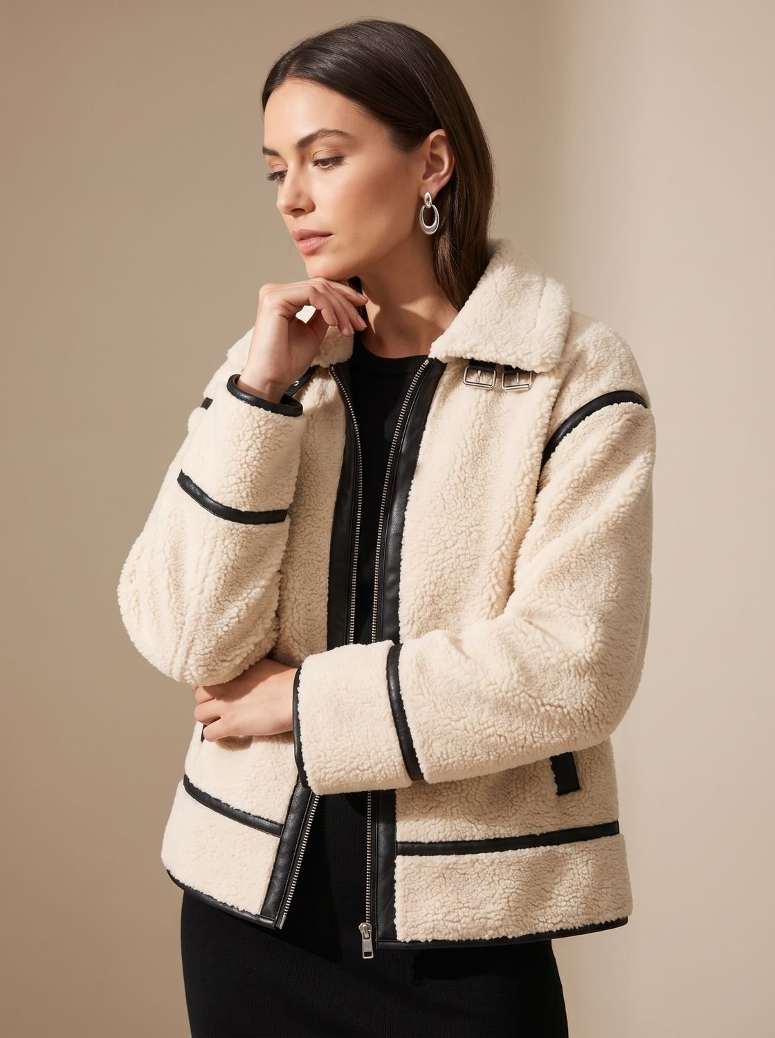 Florence | Women's Oversized Sherpa Teddy Jacket Contrast Trim Zip-Up